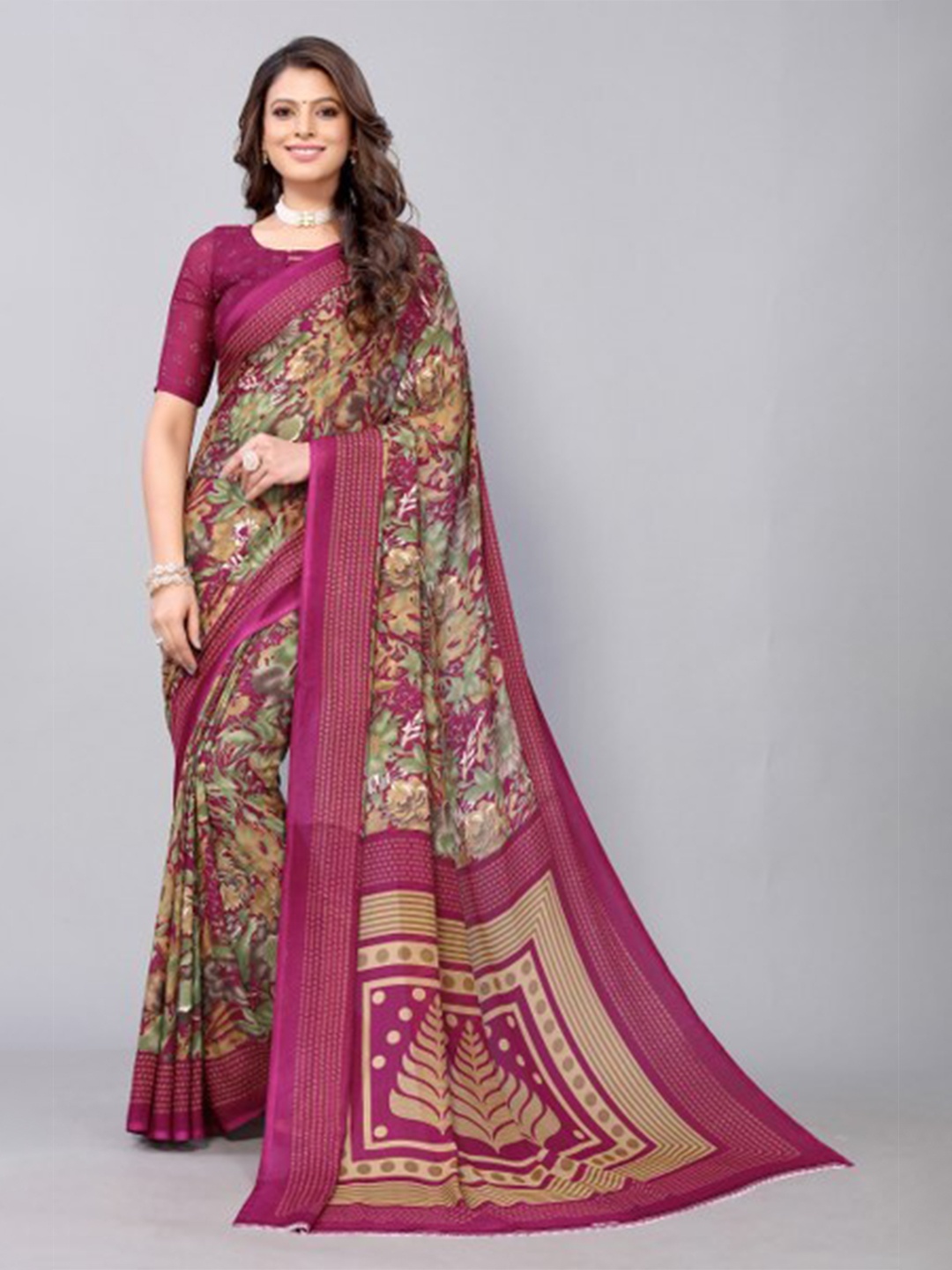 

Yashika Purple & Green Floral Saree