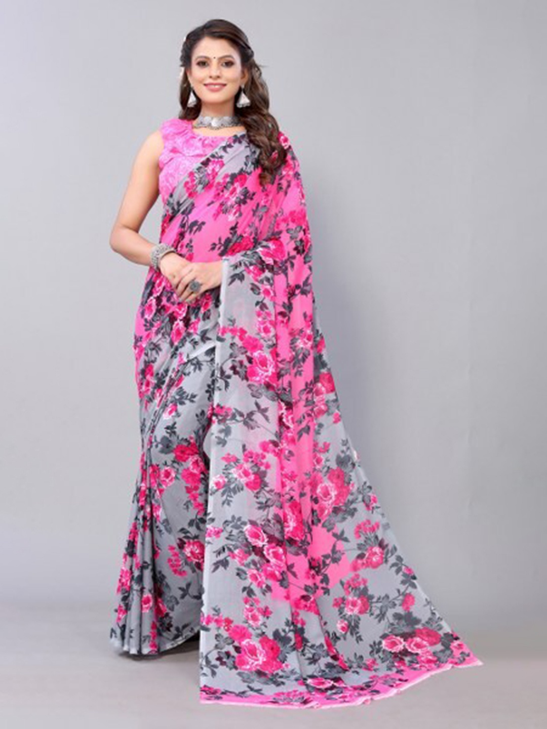 

Yashika Pink & Grey Floral Saree