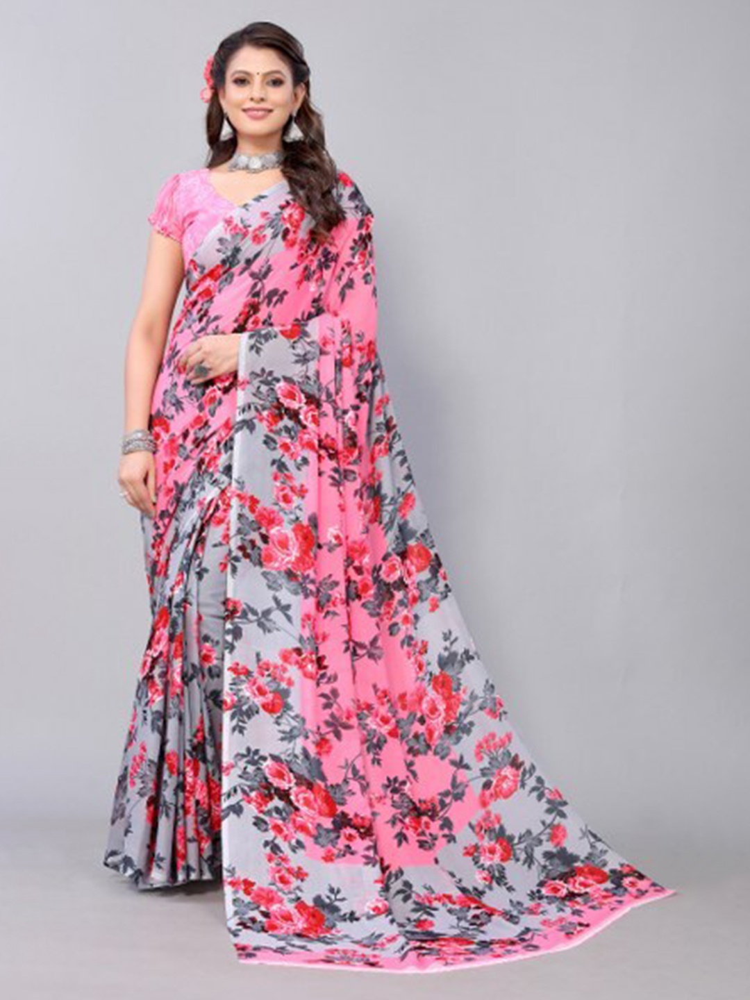 

Yashika Peach-Coloured & Grey Floral Saree