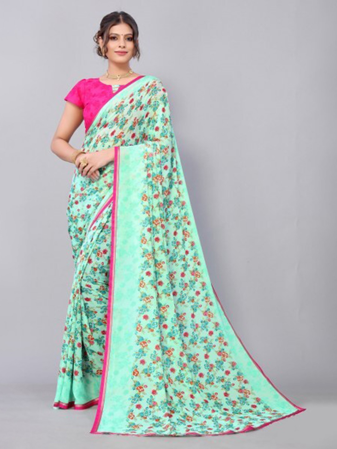 

Yashika Green & Pink Floral Saree