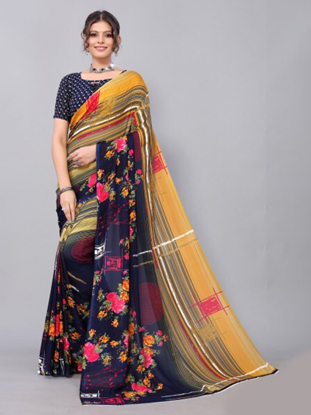 

Yashika Navy Blue & Yellow Floral Saree