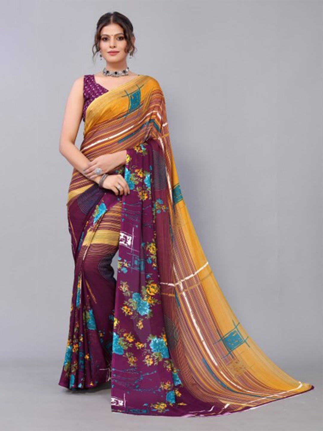 

Yashika Purple & Yellow Floral Saree