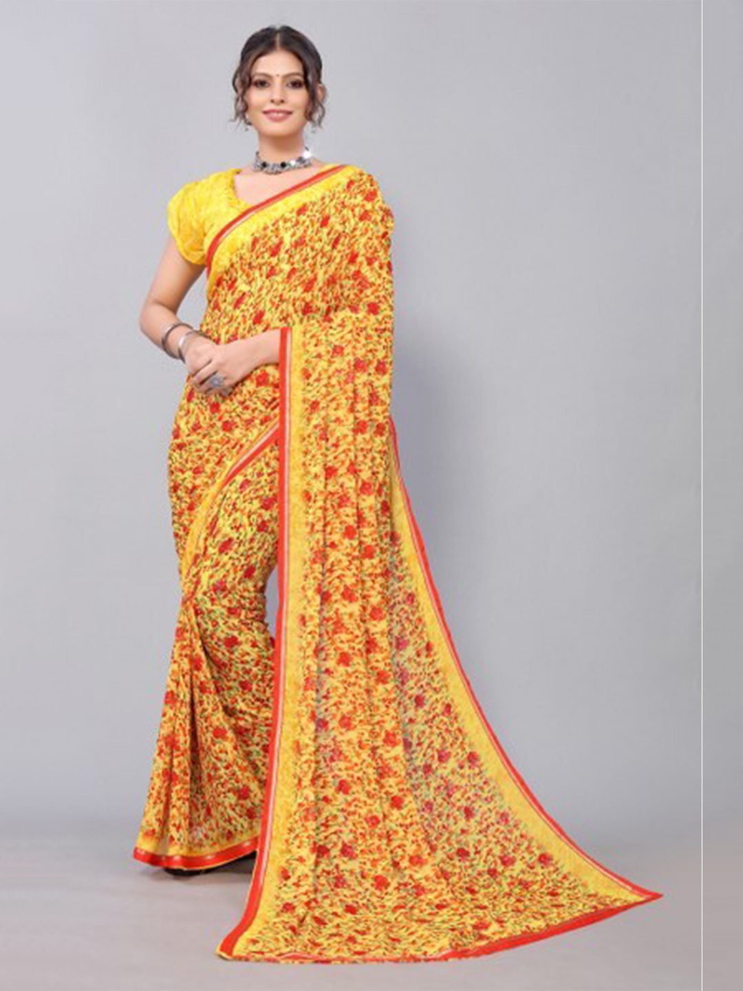 

Yashika Yellow & Red Floral Saree