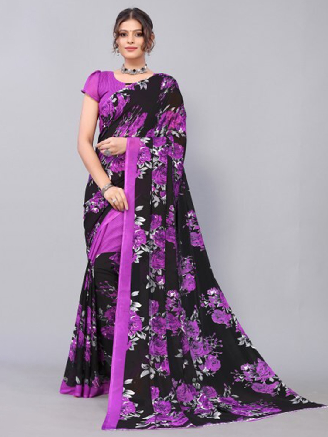 

Yashika Violet & Black Floral Saree