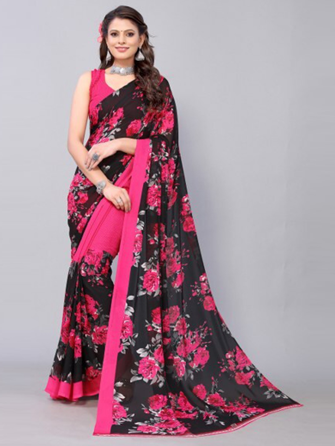 

Yashika Pink & Black Floral Saree