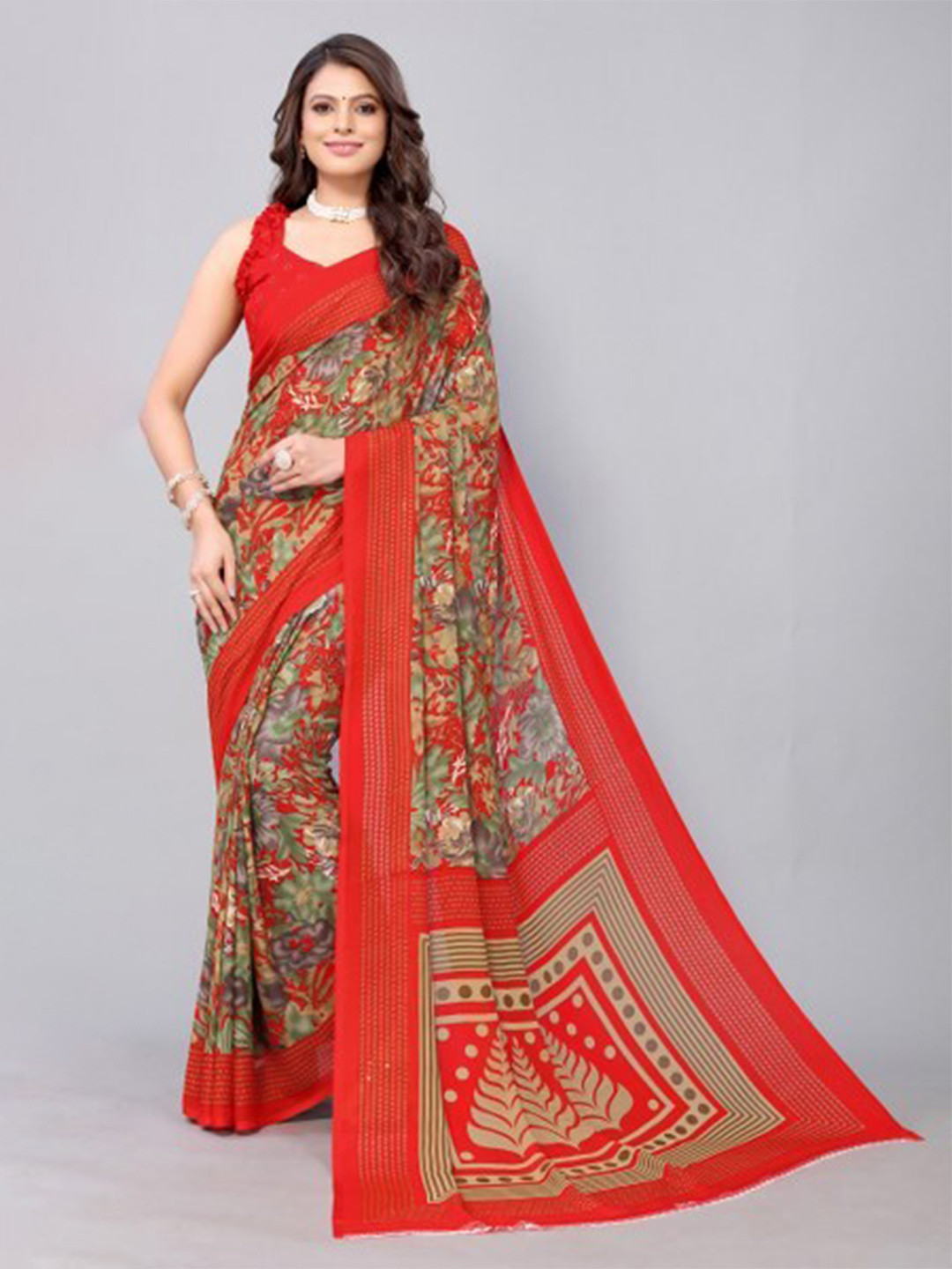 

Yashika Red & Grey Floral Saree