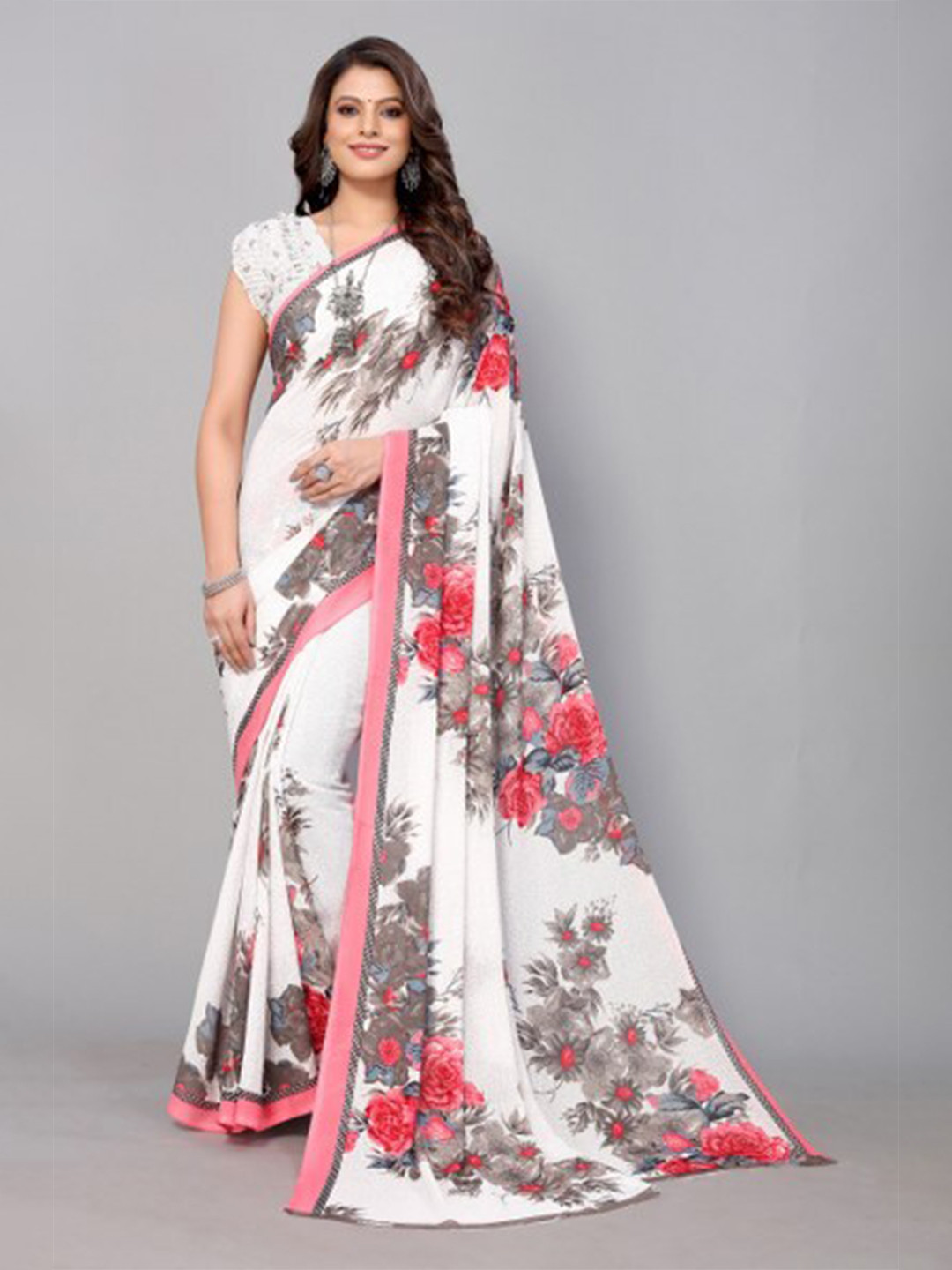 

Yashika White & Pink Floral Saree