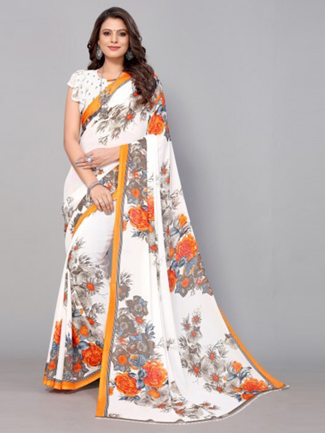 

Yashika Orange & White Floral Saree