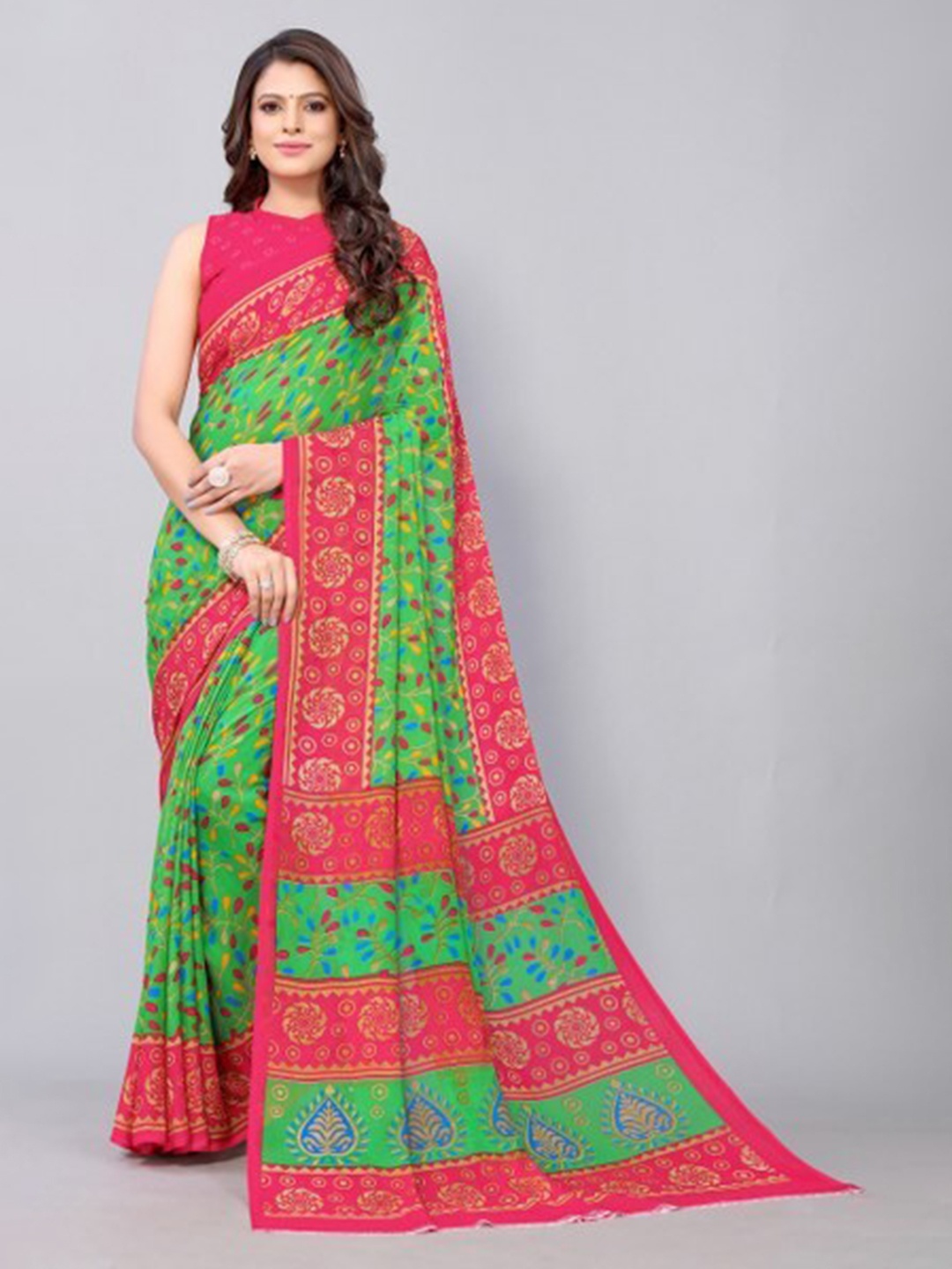 

Yashika Green & Red Floral Saree