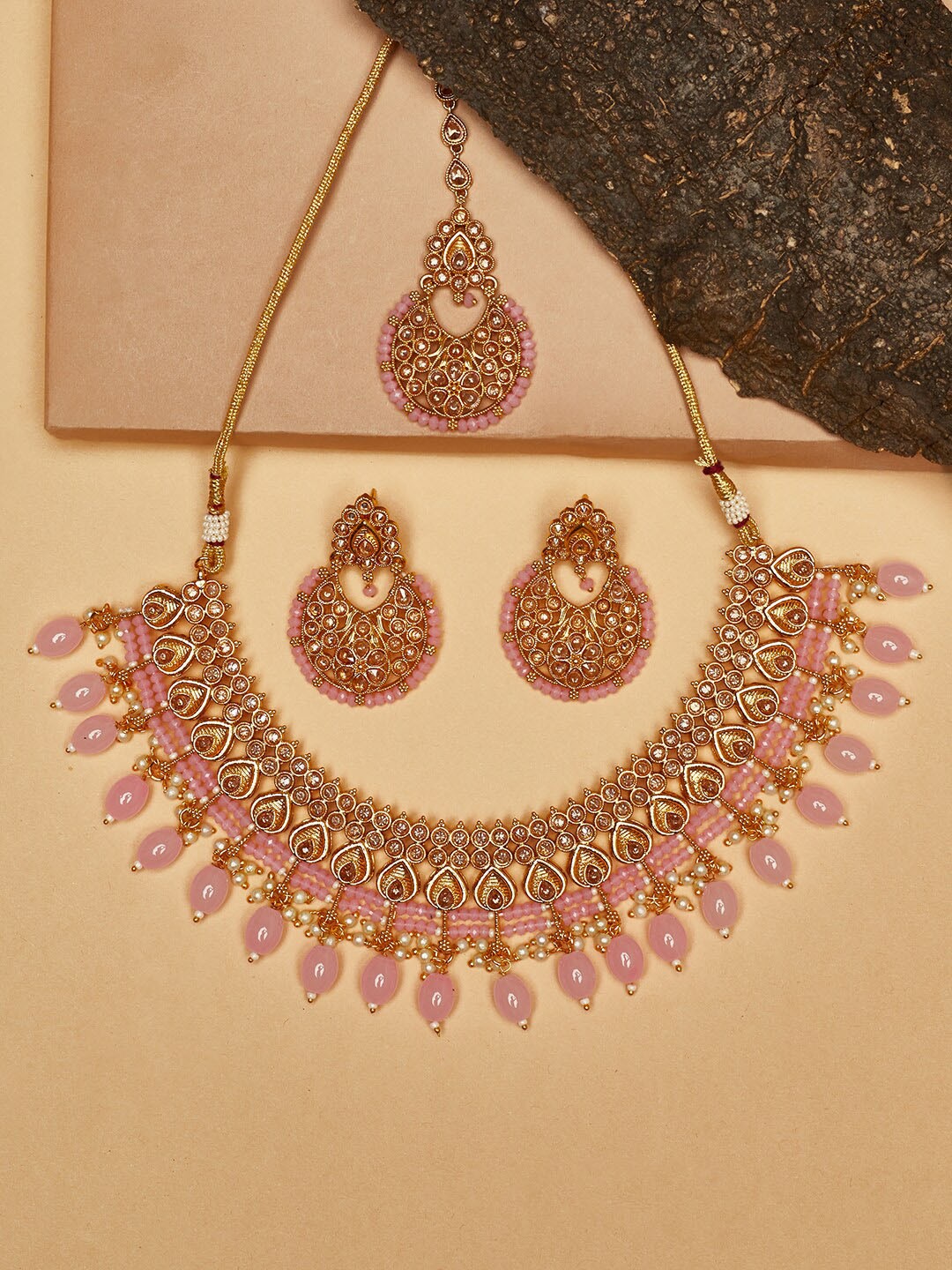 

Voylla Gold-Plated Pink Stone-Studded & Beaded Jewellery Set
