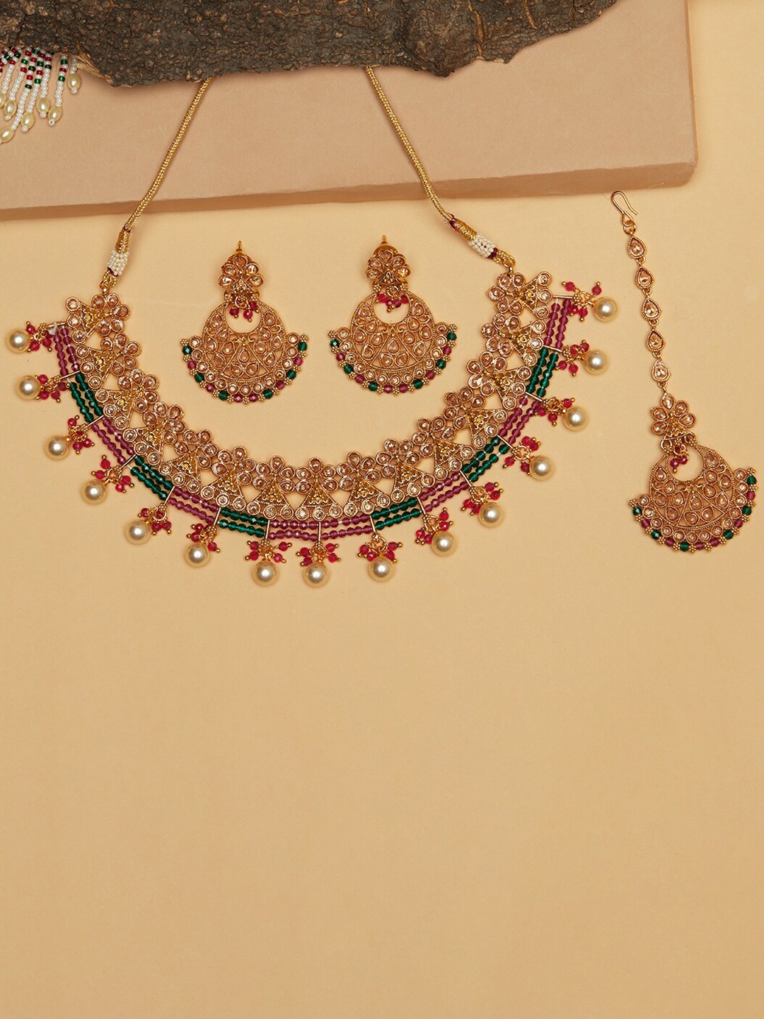 

Voylla Gold-Plated Green & Maroon Stone-Studded Jewellery Set