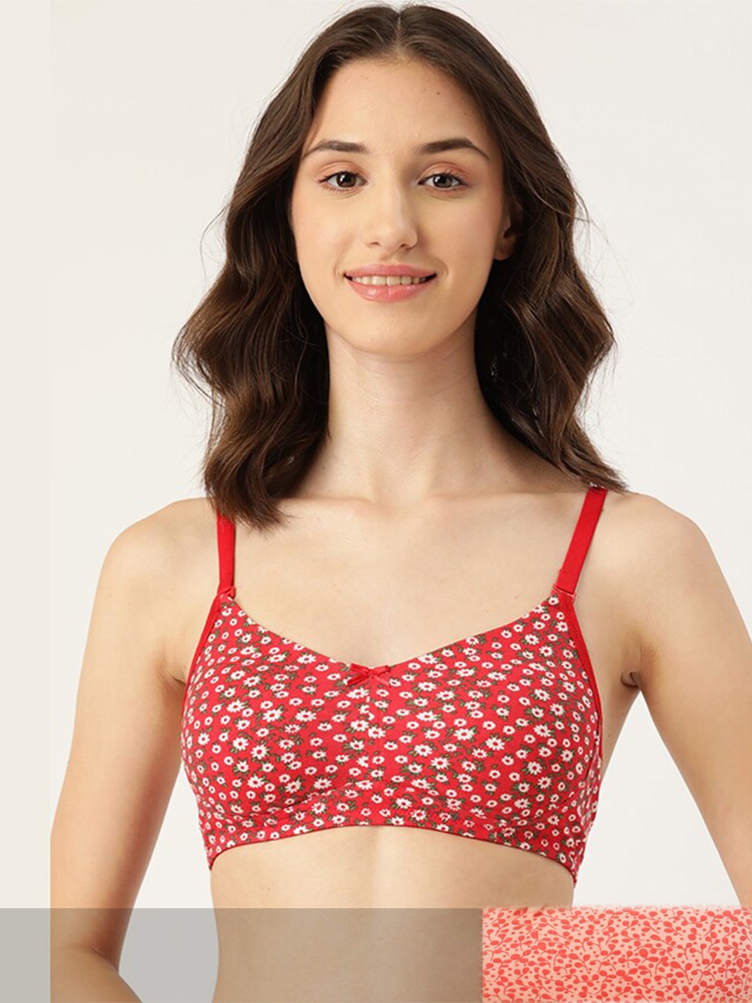 

Leading Lady Peach-Coloured & Red Pack Of 2 Pure Cotton Floral Printed Bra