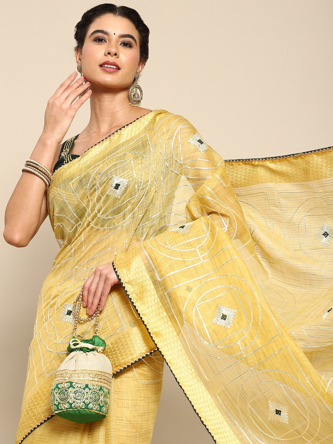 

Nimayaa Yellow & Green Floral Embroidered Saree