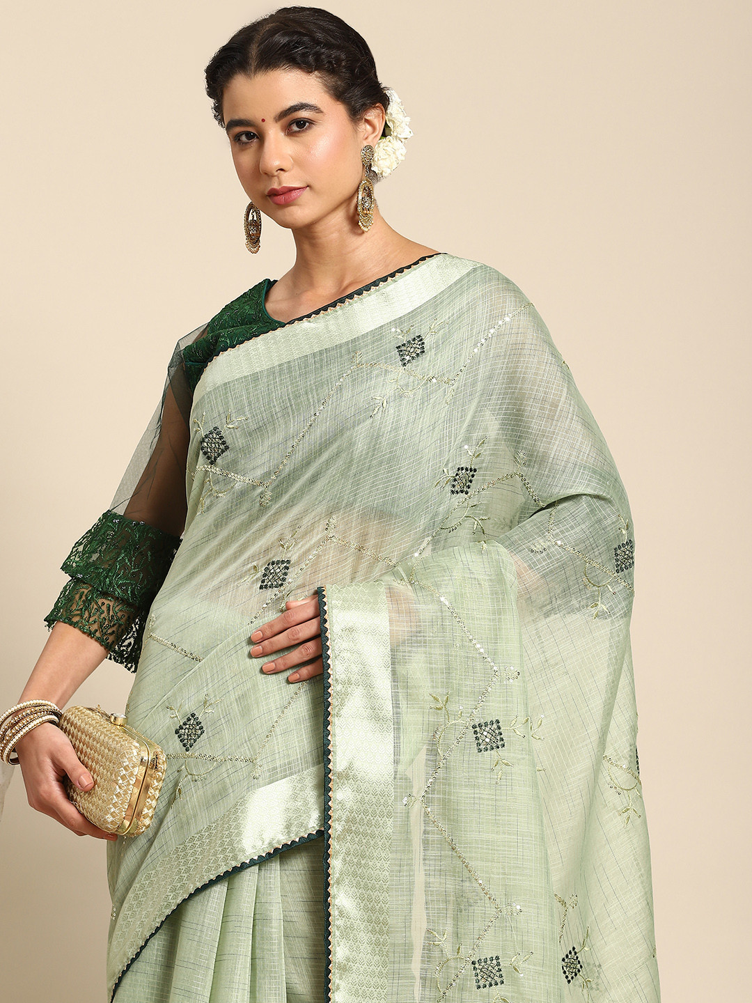 

Nimayaa Green Floral Embroidered Saree