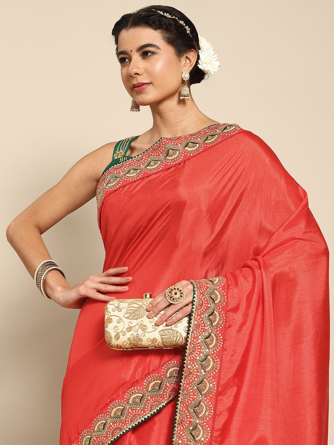 

Nimayaa Red Solid Embroidered Saree