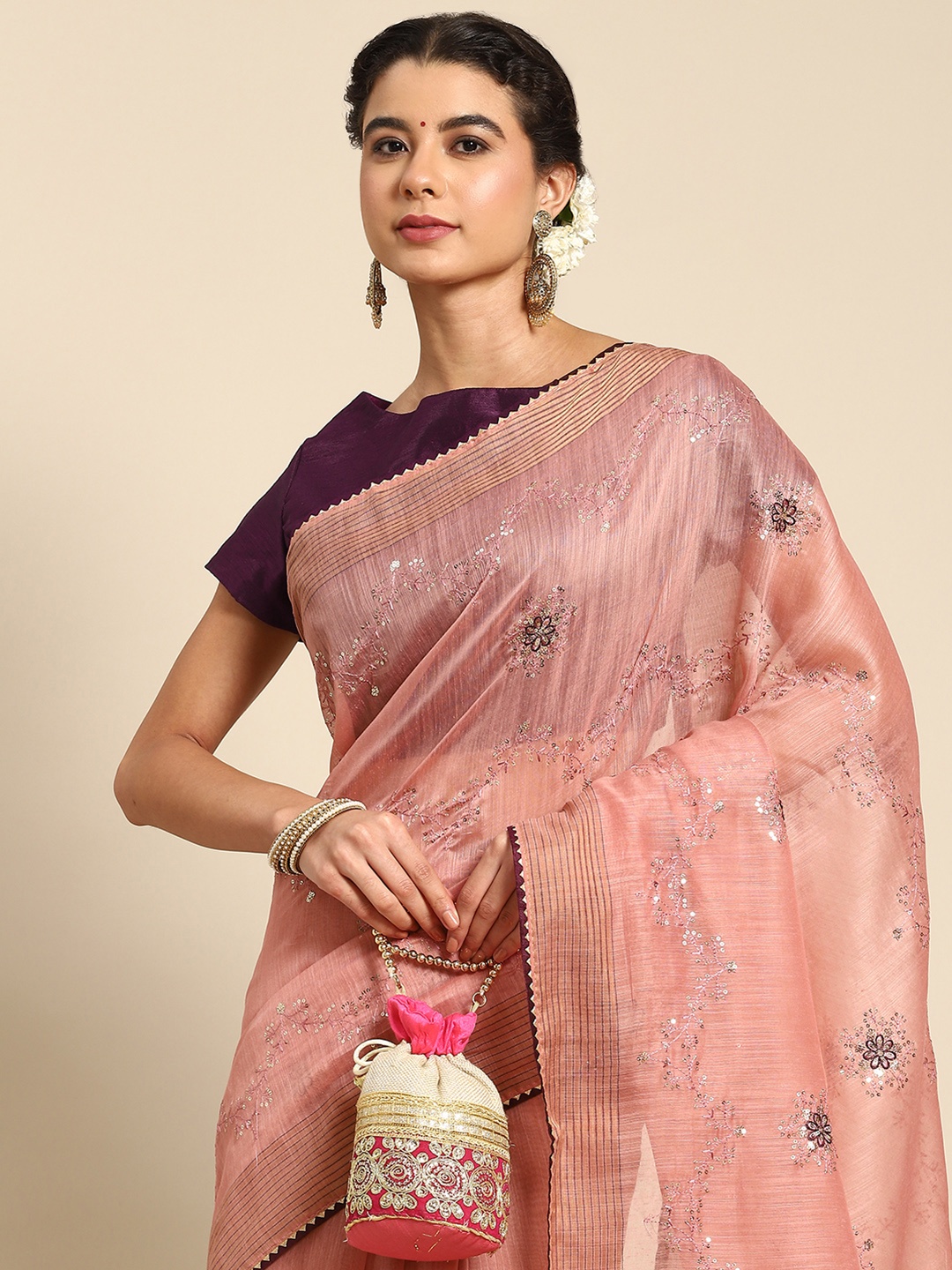 

all about you Pink Ethnic Motifs Embroidered Saree