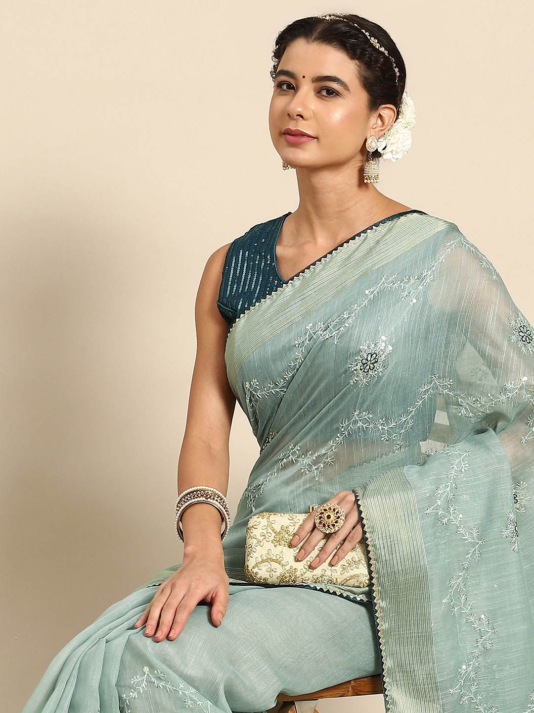 

all about you Blue Ethnic Motifs Embroidered Saree