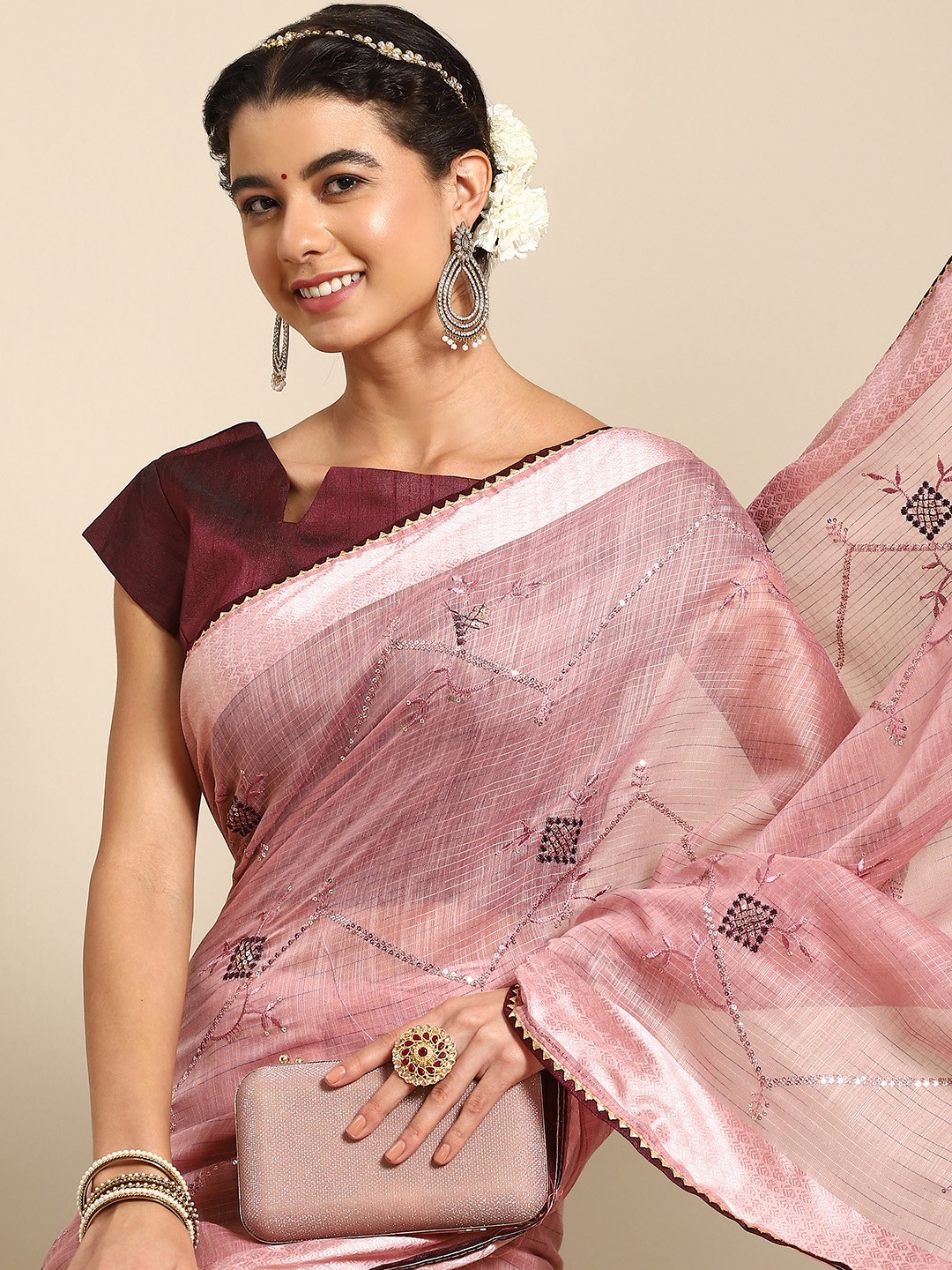 

all about you Pink Floral Embroidered Saree
