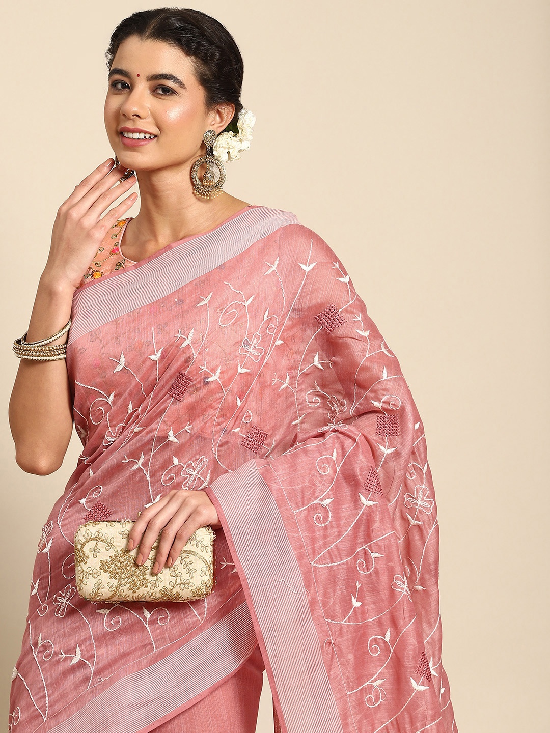 

Nimayaa Pink Ethnic Motifs Embroidered Saree