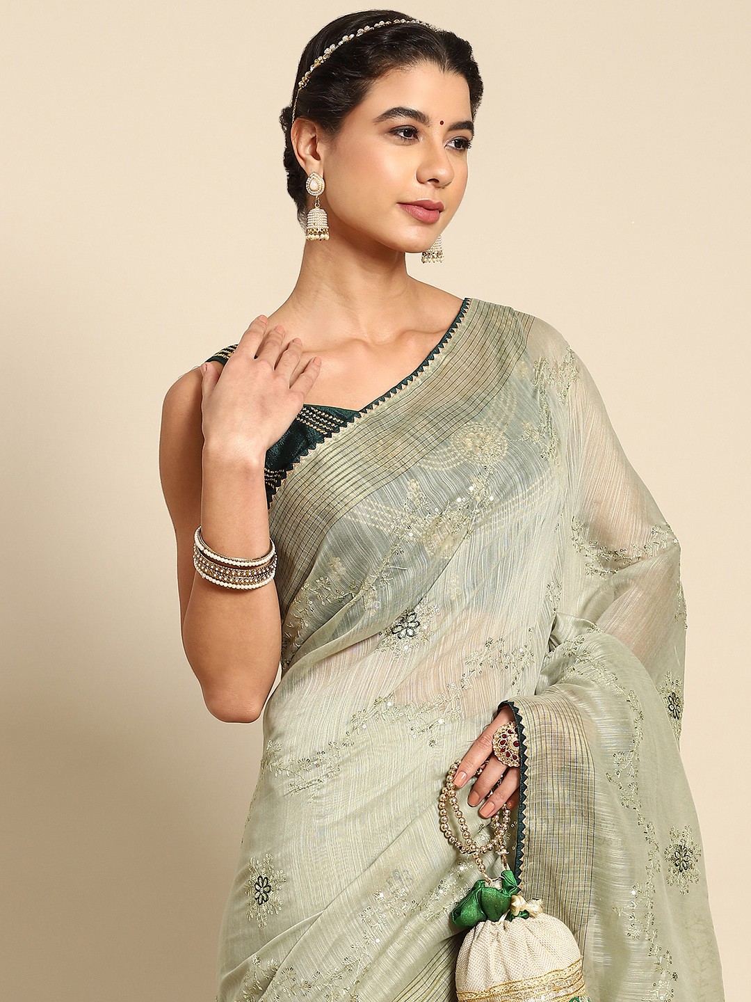 

all about you Green Floral Embroidered Saree