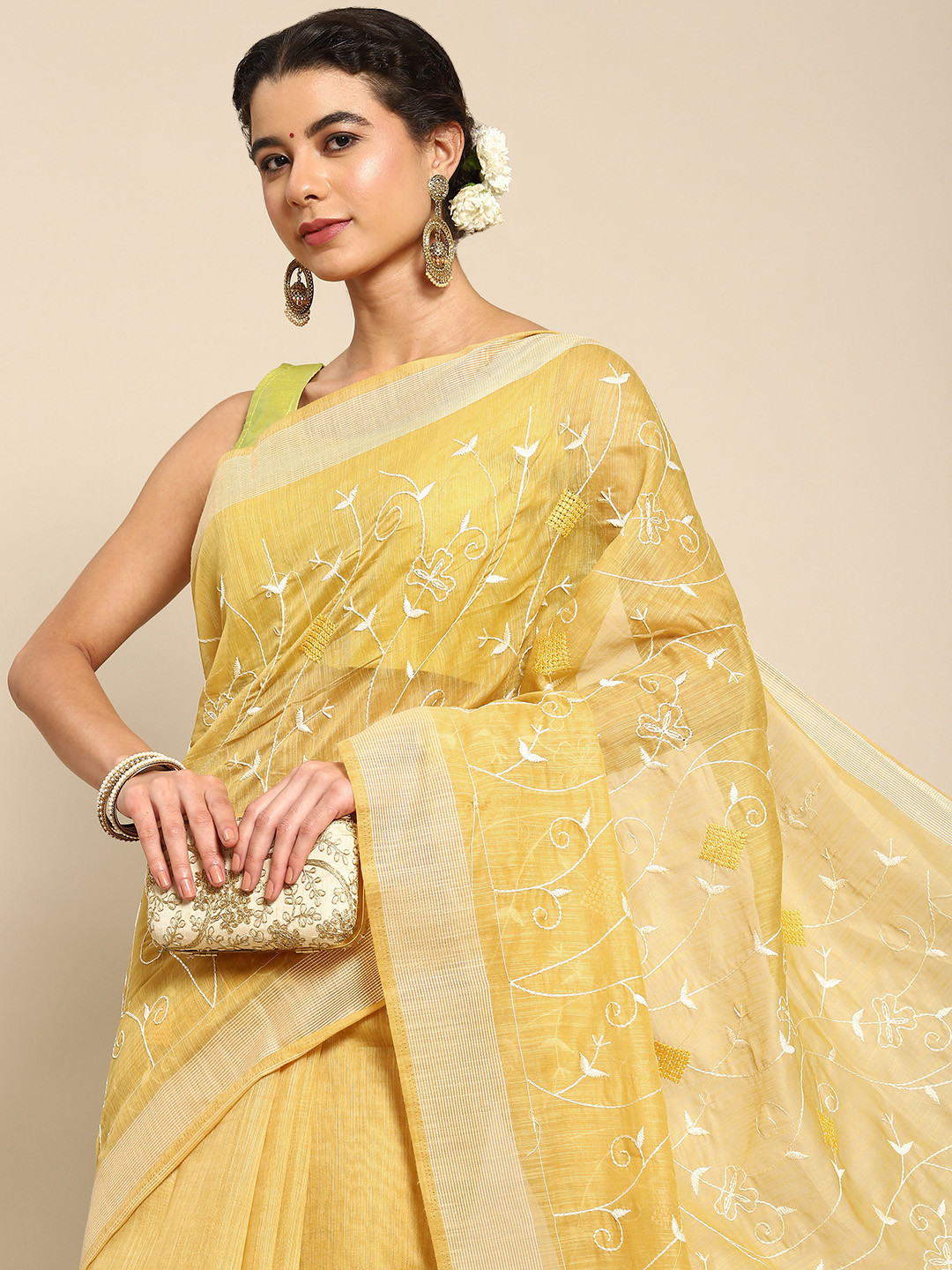 

Nimayaa Yellow Floral Embroidered Saree