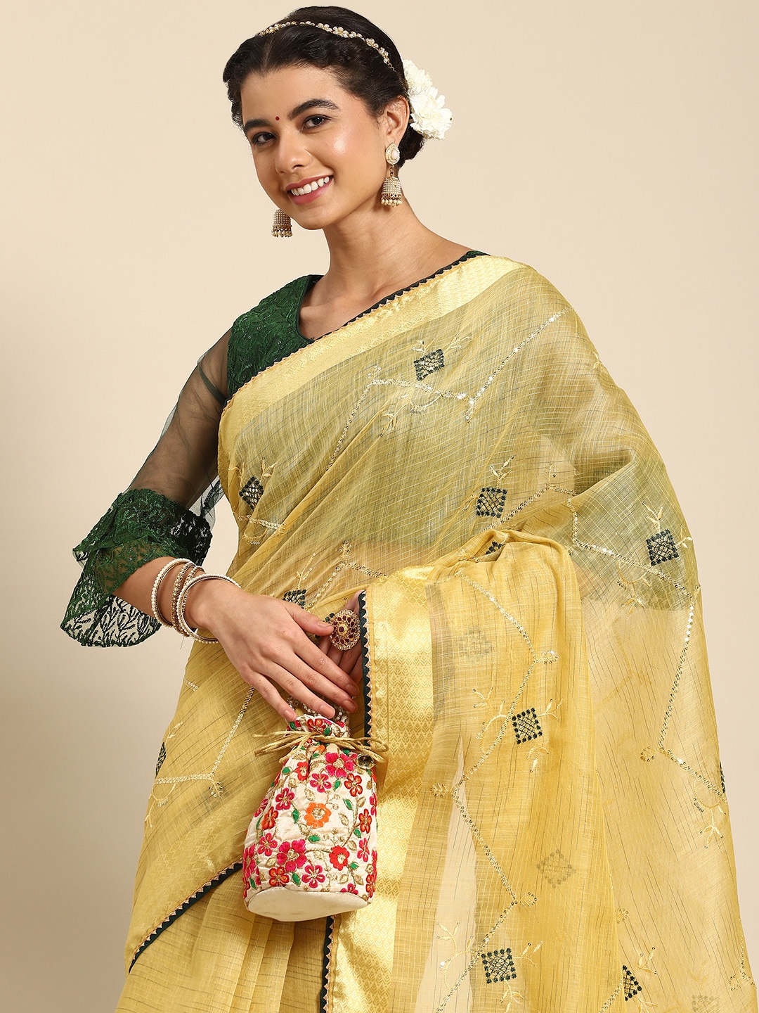 

Nimayaa Yellow & Green Floral Embroidered Saree