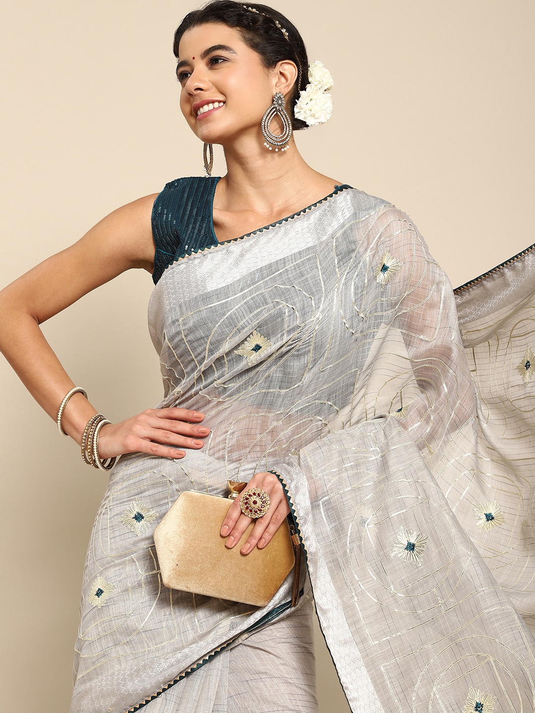 

all about you Off White & Green Floral Embroidered Saree