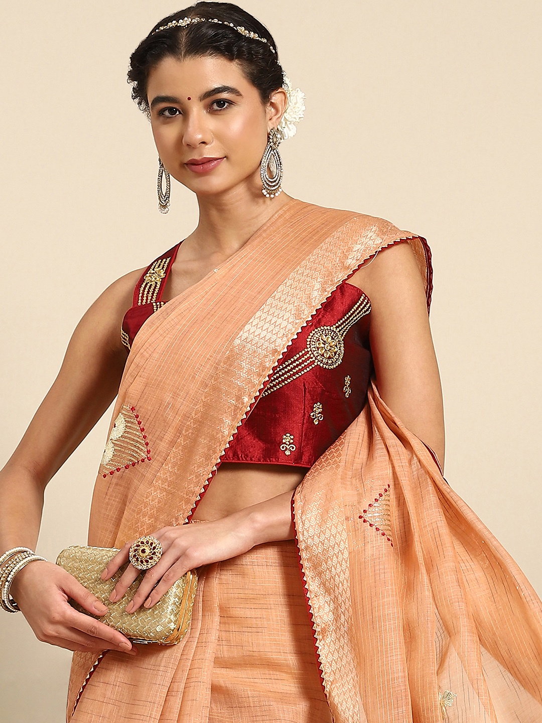 

all about you Peach-Coloured & Red Ethnic Motifs Embroidered Saree