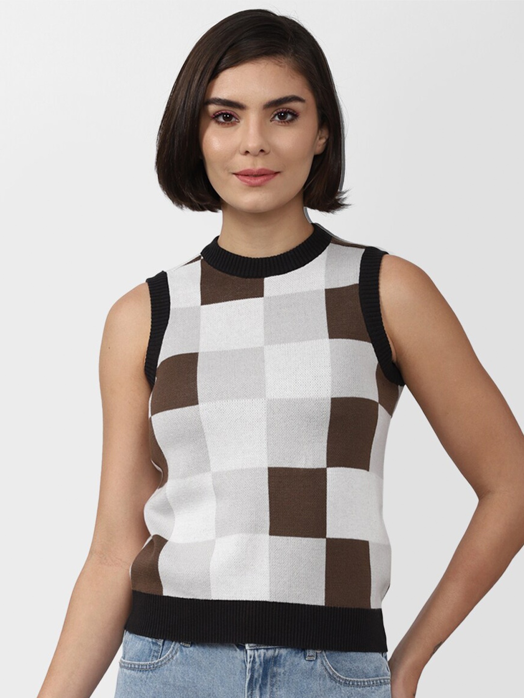 

FOREVER 21 Women Black & White Checked Pure Cotton Sweater Vest