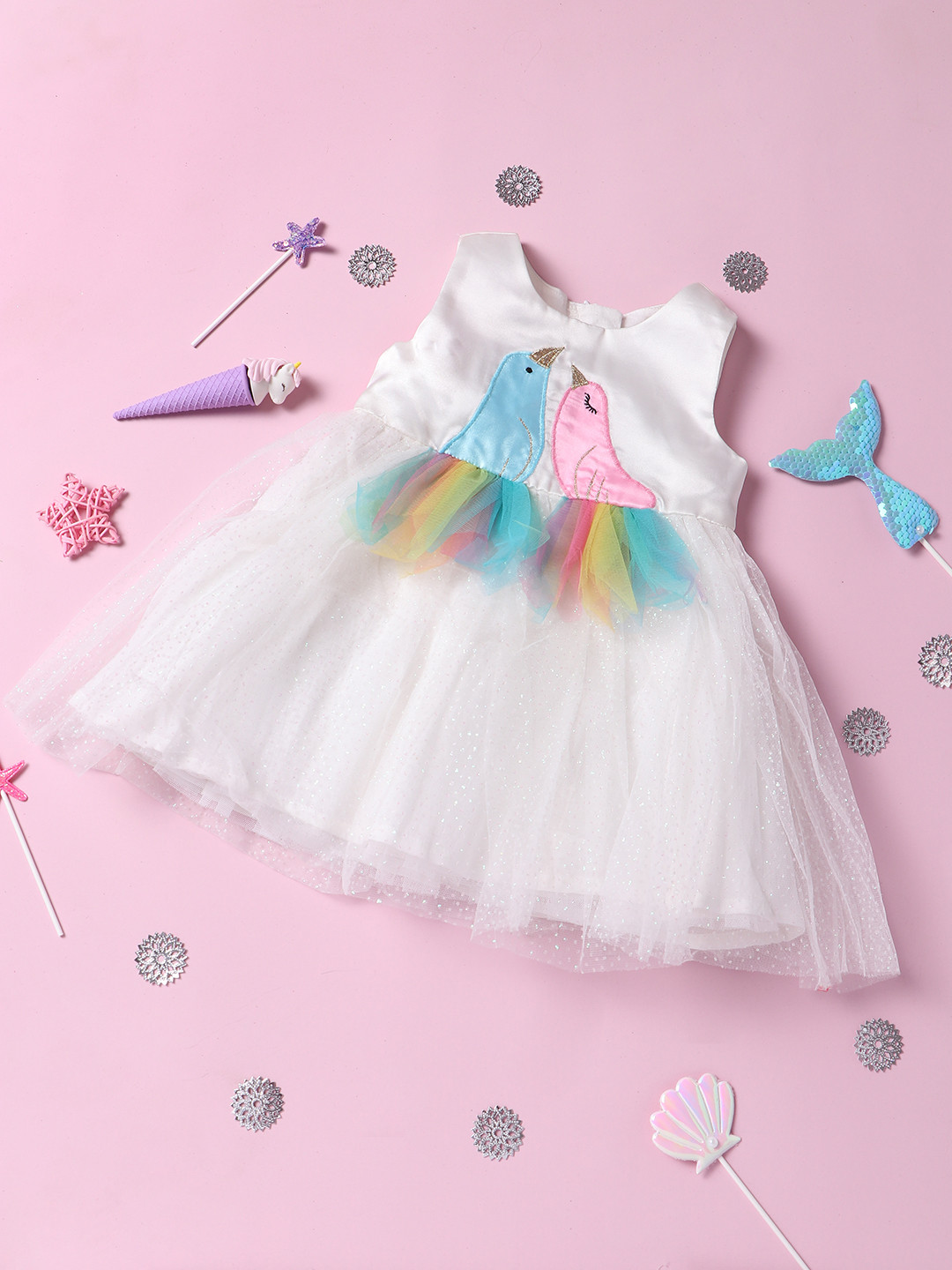 

Nauti Nati White Colourblocked Applique Net Tulle Dress