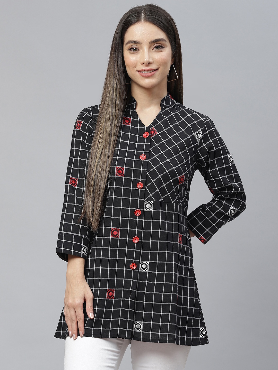 

Cottinfab Black & Red Checked Mandarin Collar Shirt Style Top