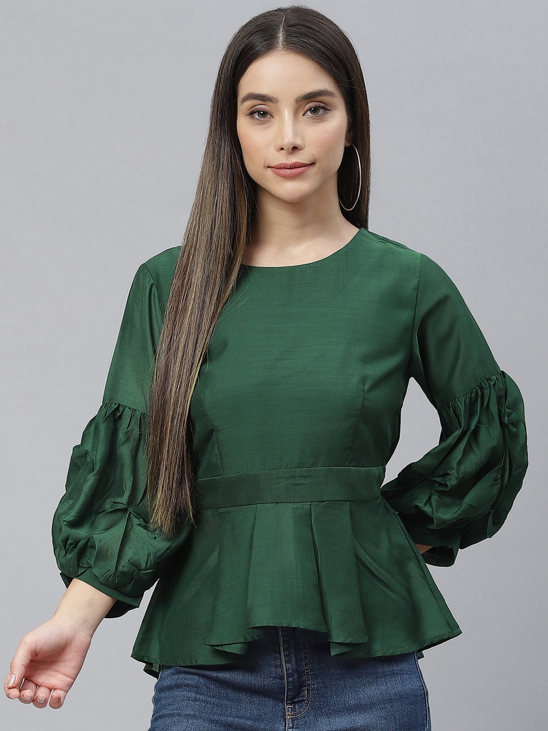 

Cottinfab Green Bishop Sleeves Peplum Top