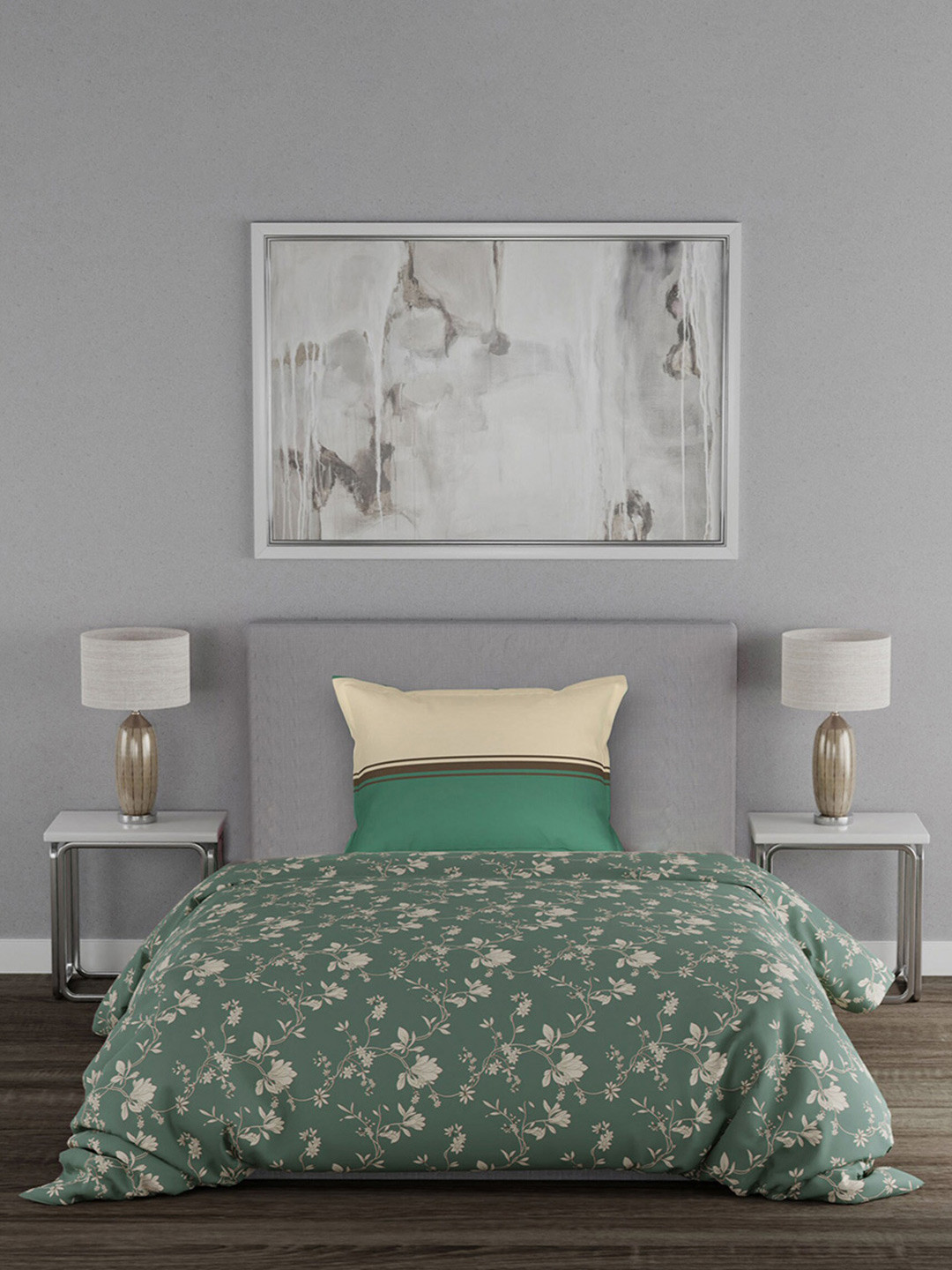 

MYTRIDENT Floral 120 TC Single Bedsheet with 1 Pillow Cover, Green