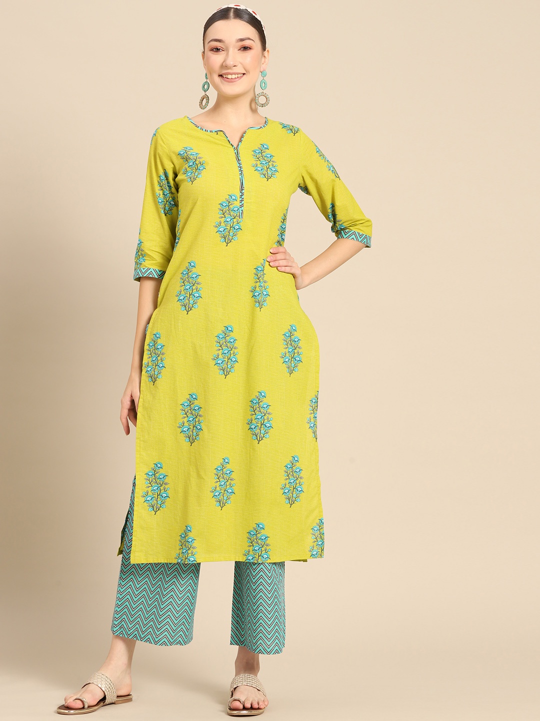 

Sangria Women Lime Green Ethnic Motifs Printed Pure Cotton Kurta with Palazzos