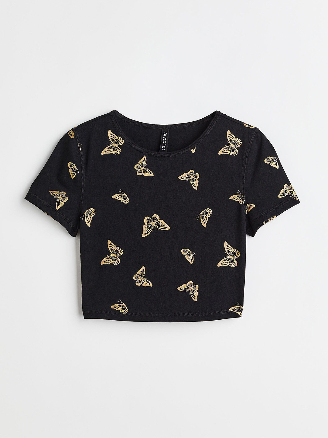 

H&M Women Cropped Printed Top, Black