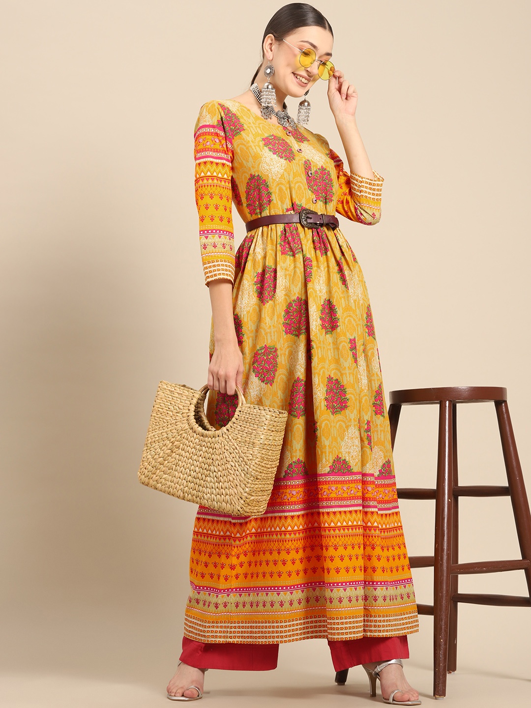 

Sangria Women Mustard Yellow & Pink Ethnic Motifs Printed A-Line Kurta