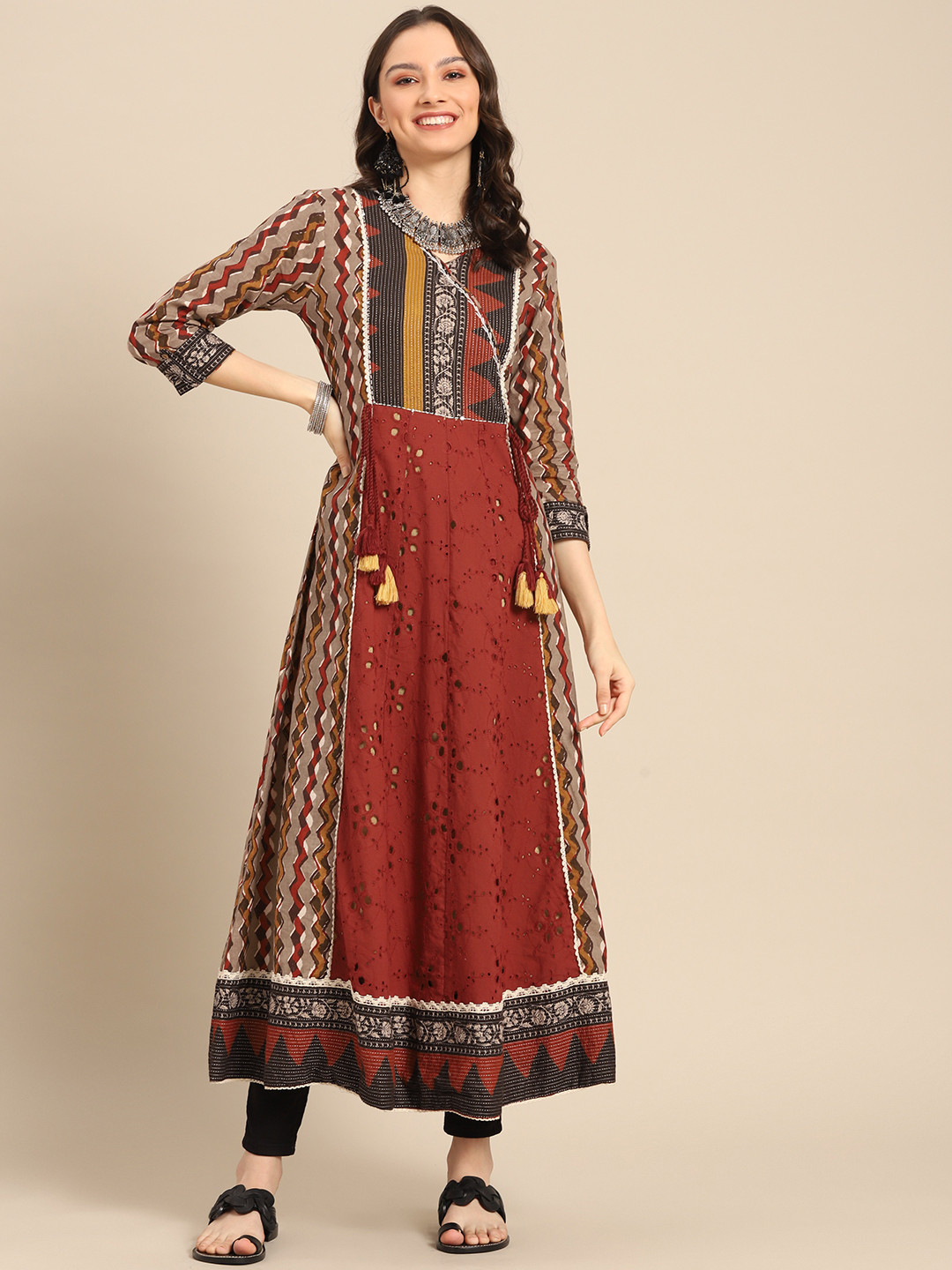 

Sangria Women Maroon & Taupe Ethnic Motifs Printed Schiffli Thread Work Angrakha Kurta