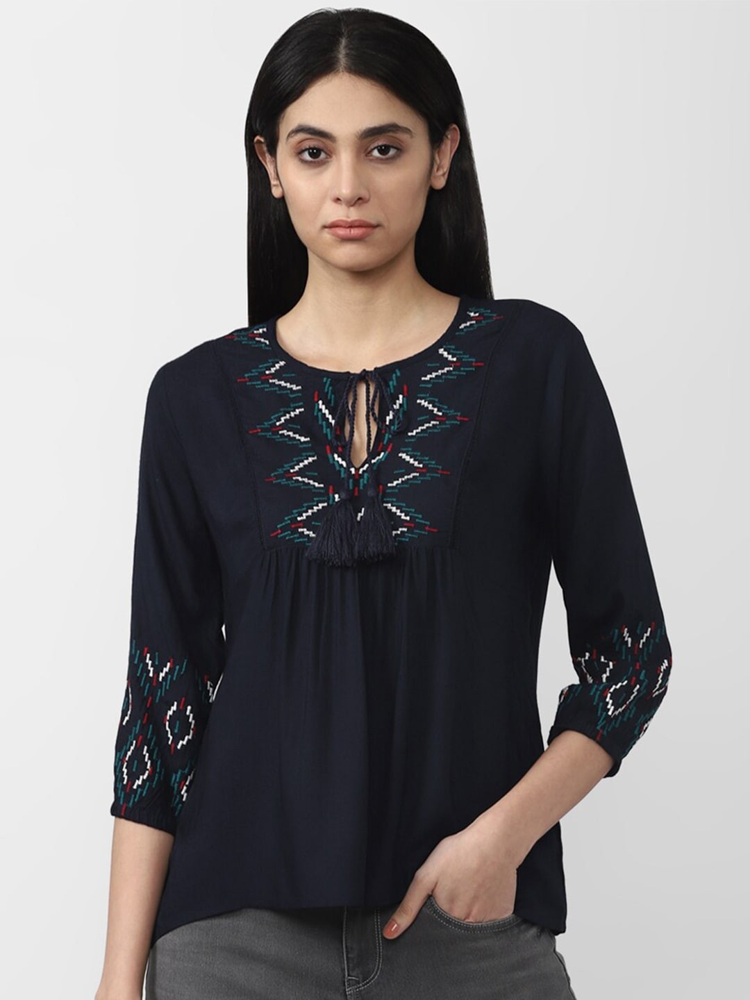 

Van Heusen Woman Navy Blue & Green Tie-Up Neck Top