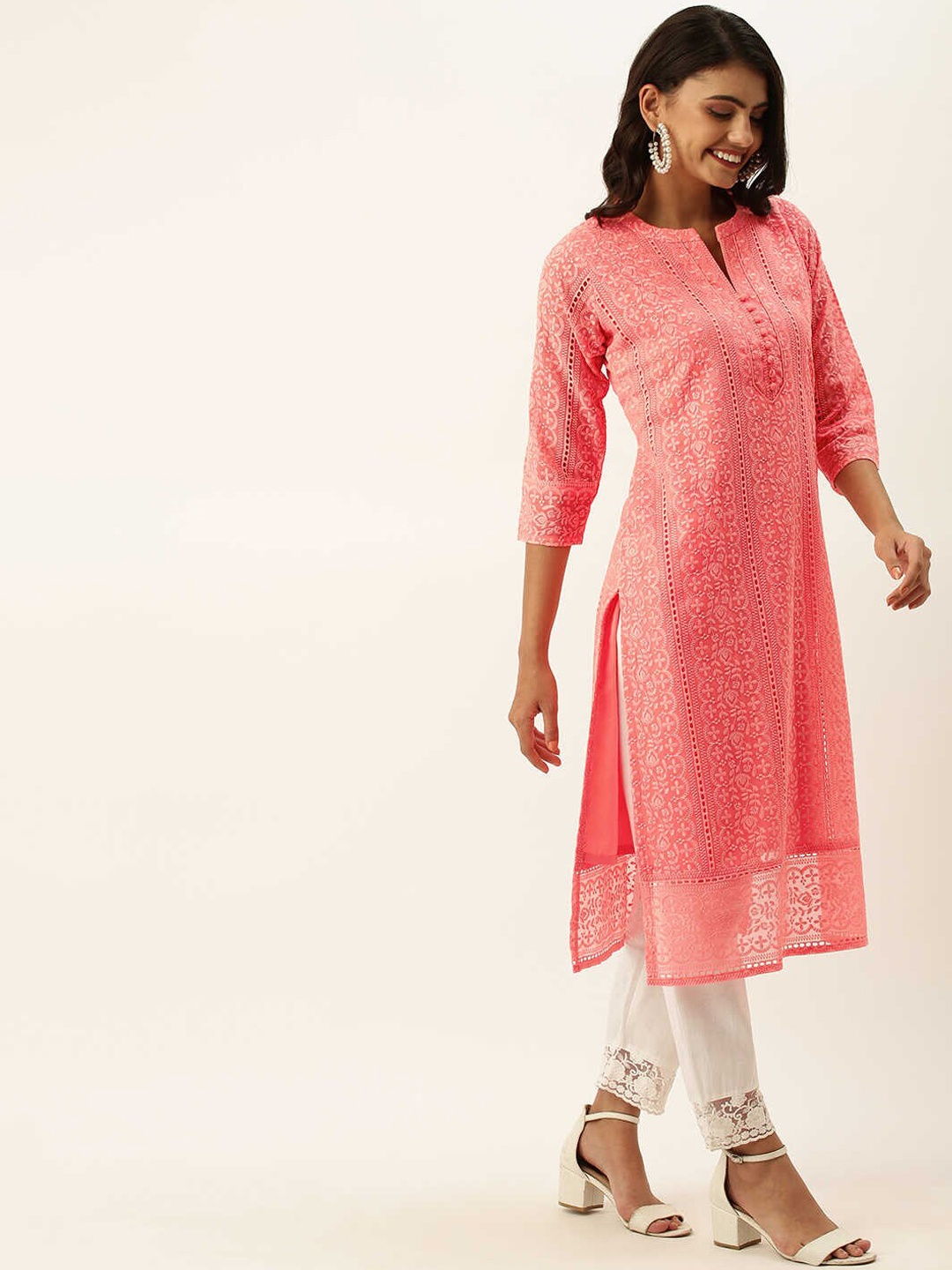 

ZOLA Women Peach-Coloured Yoke Design Keyhole Neck Flared Sleeves Georgette Kurta