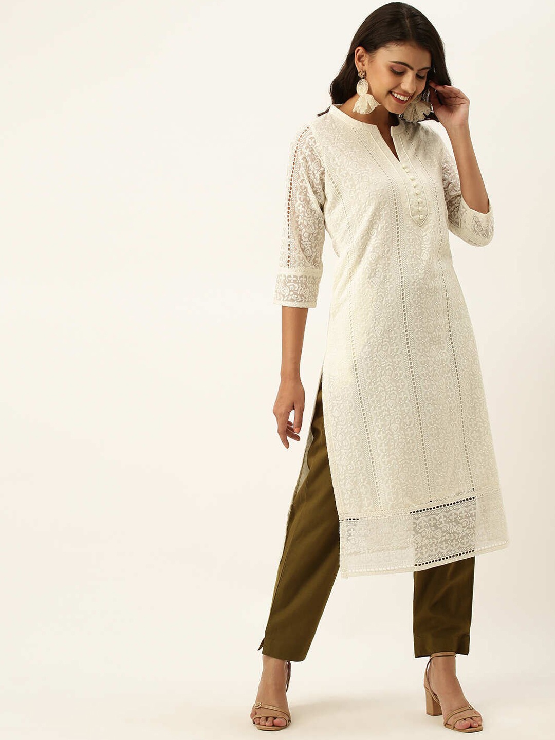 

ZOLA Women Off White Checked Keyhole Neck Mirror Work Georgette Kurta