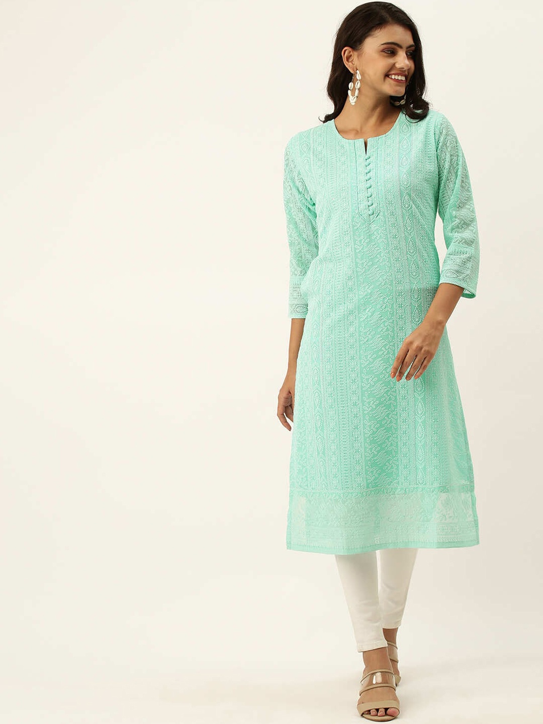 

ZOLA Women Sea Green Chikankari Embroidered Georgette Kurta