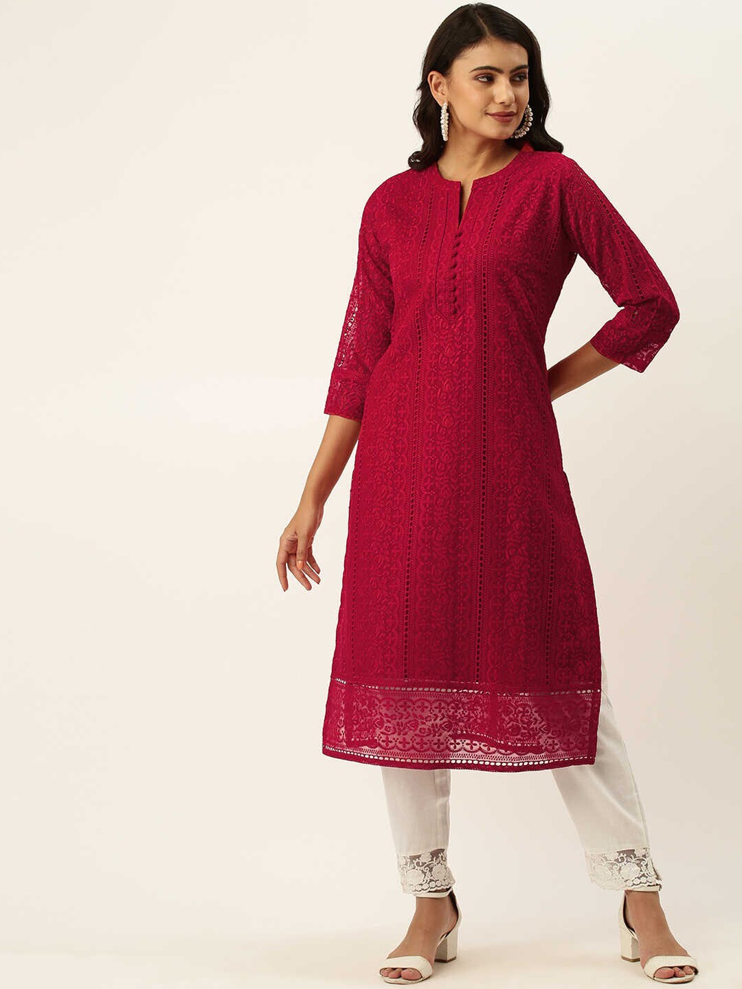 

ZOLA Women Red Chikankari Embroidered Georgette Straight Kurta