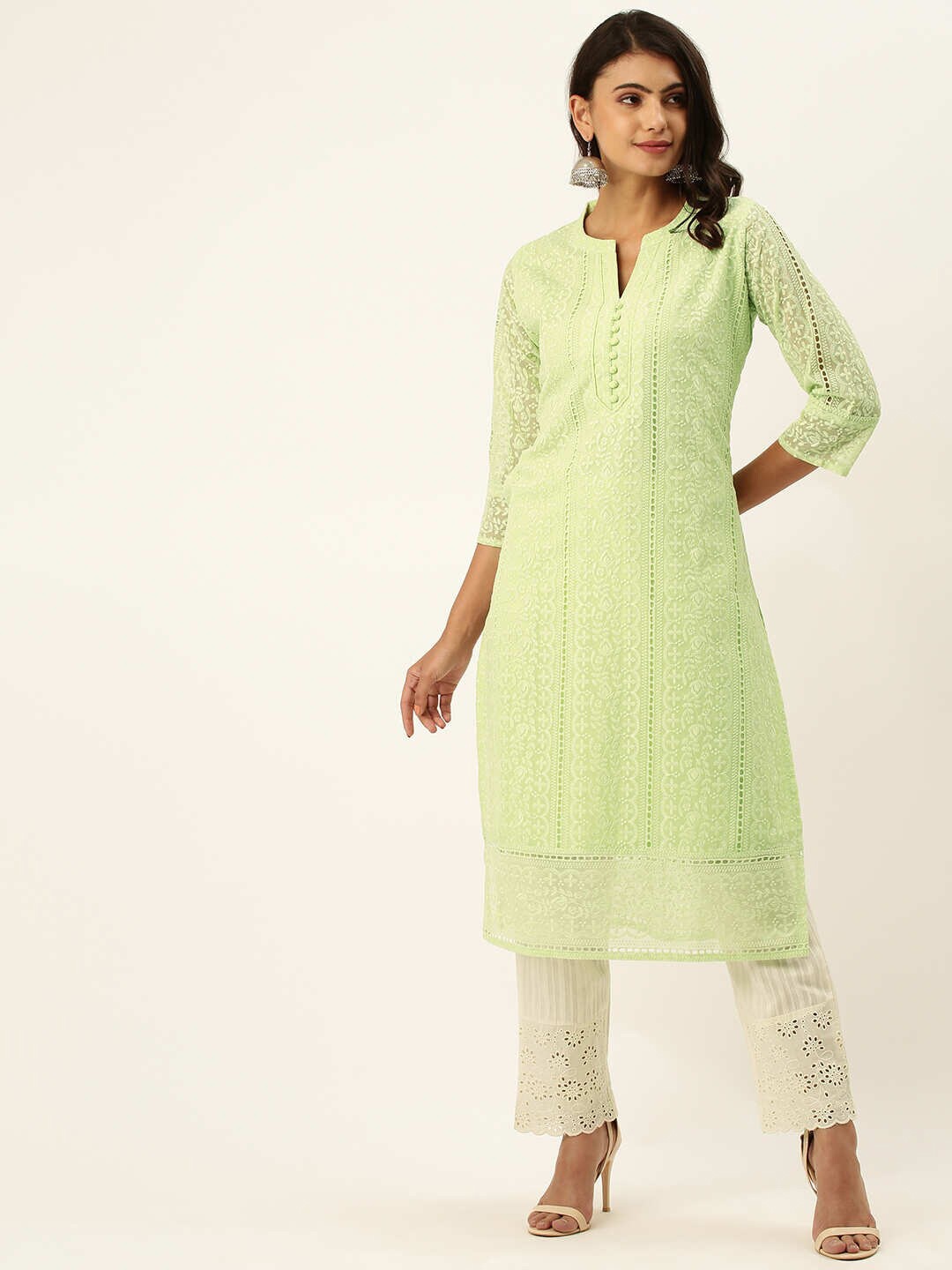 

ZOLA Women Green Chikankari Embroidered Georgette Straight Kurta