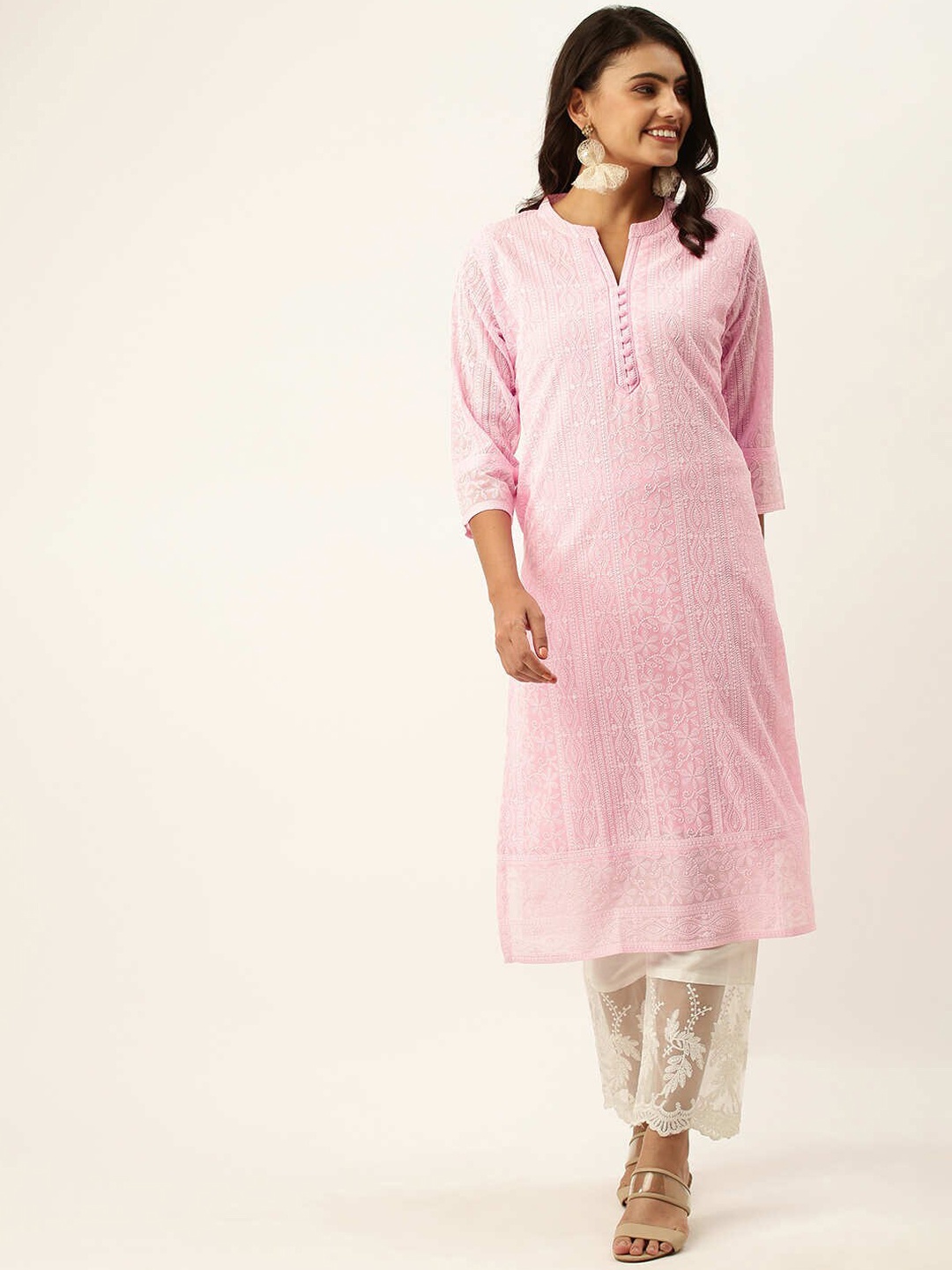 

ZOLA Women Pink Chikankari Embroidered Georgette Straight Kurta
