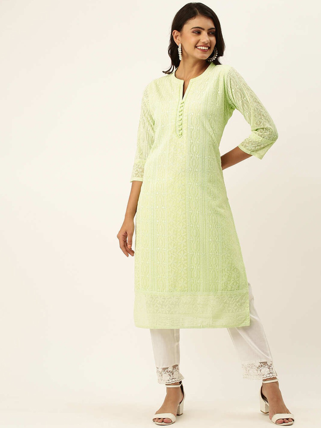 

ZOLA Women Green Chikankari Embroidered Georgette Straight Kurta