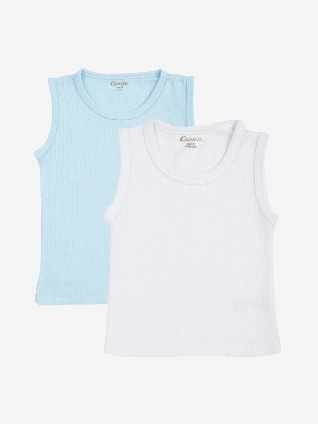 

Kanvin Boys Pack Of 2 Turquoise & White Ribbed Cotton Thermal Tops, Turquoise blue