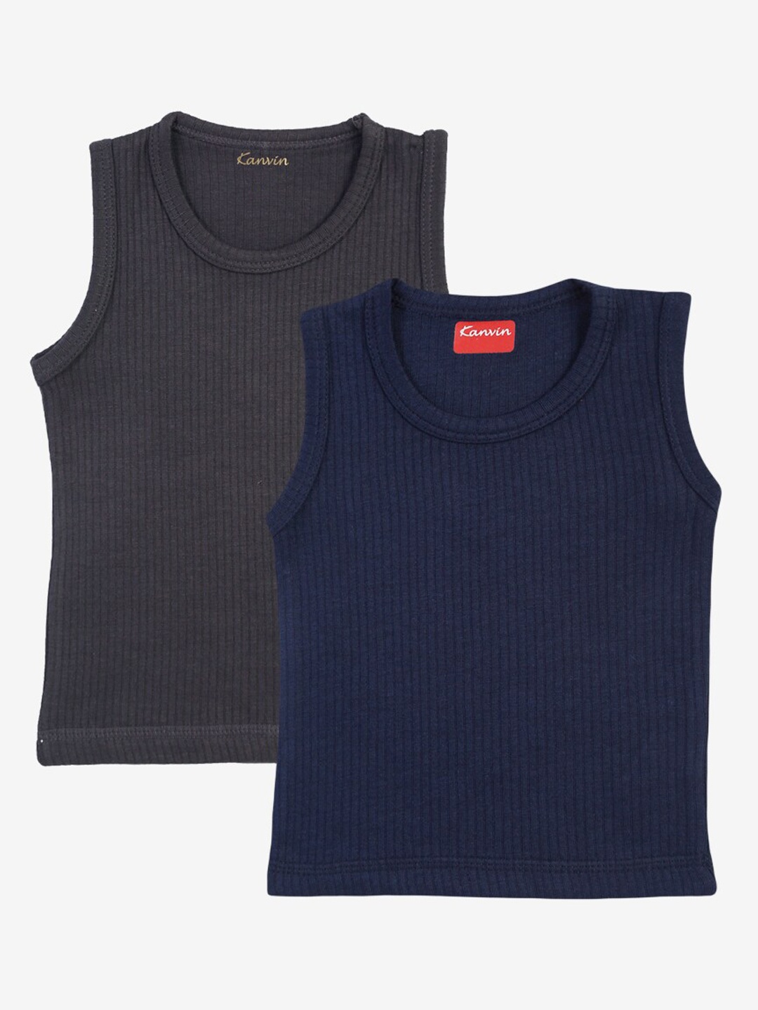 

Kanvin Boys Pack of 2 Navy Blue & Black Solid Ribbed Thermal Vests