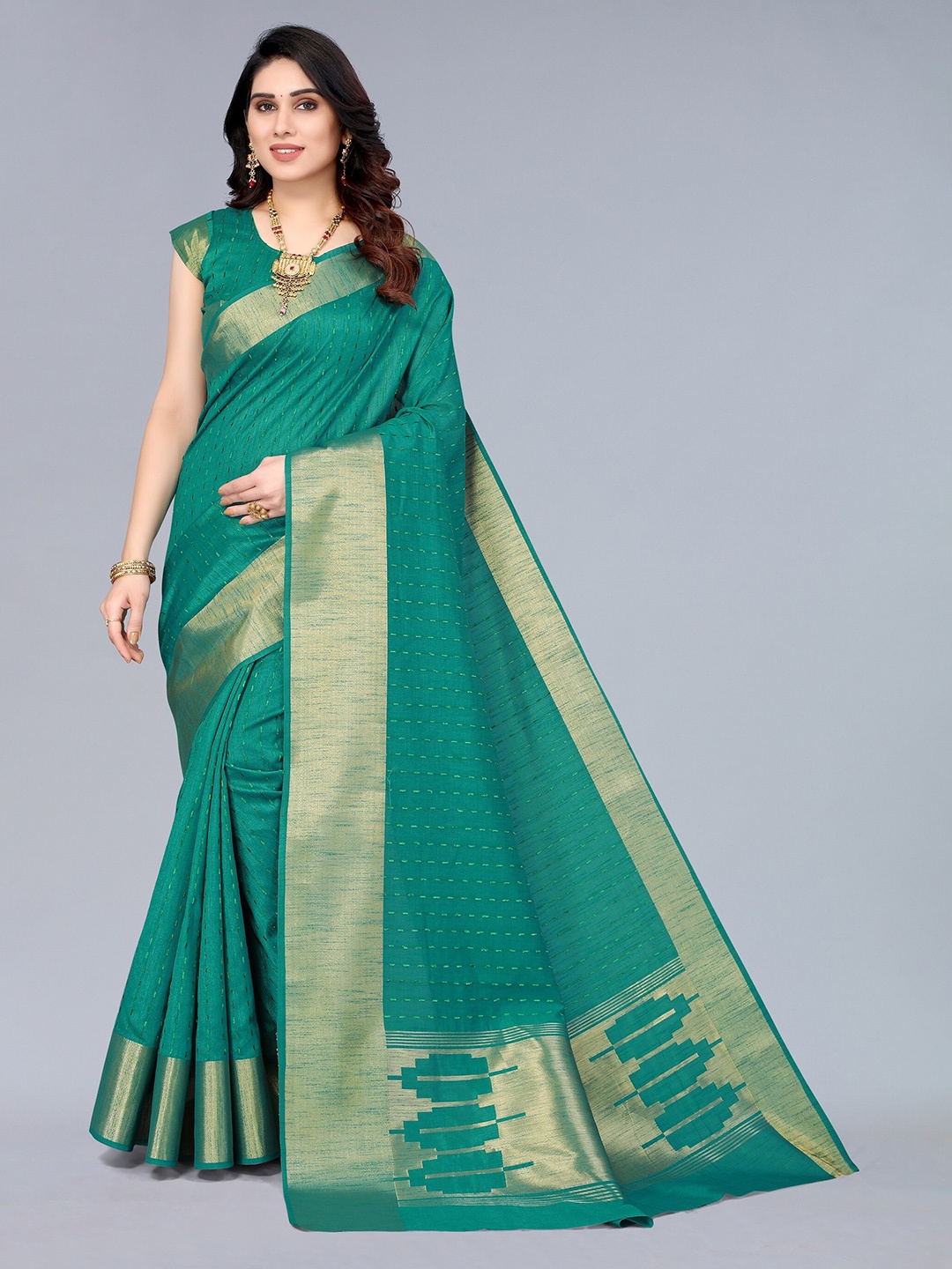 

Winza Designer Teal & Gold-Toned Ethnic Motifs Zari Silk Blend Banarasi Saree