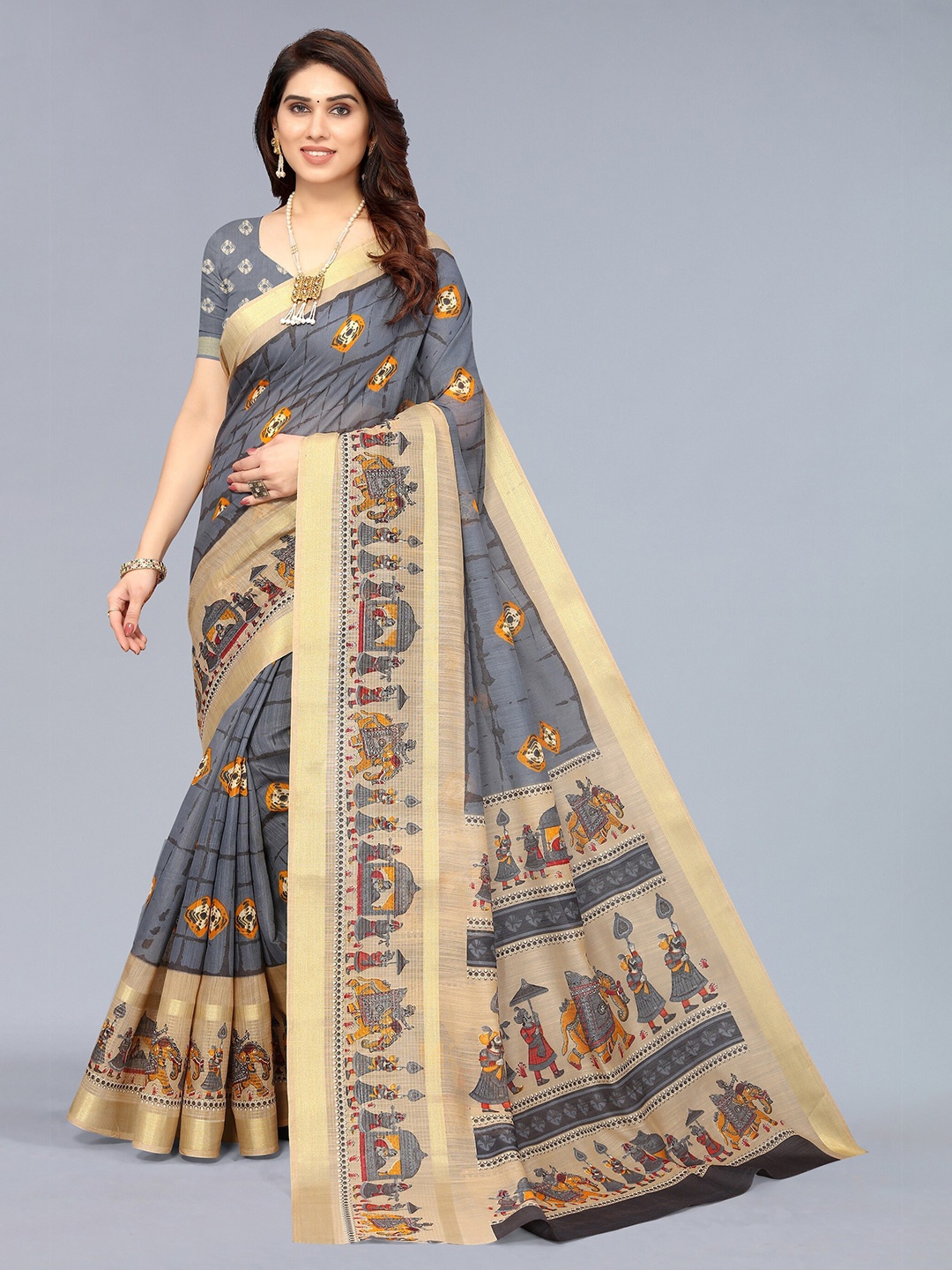 

Winza Designer Grey & Gold-Toned Ethnic Motifs Printed Saree