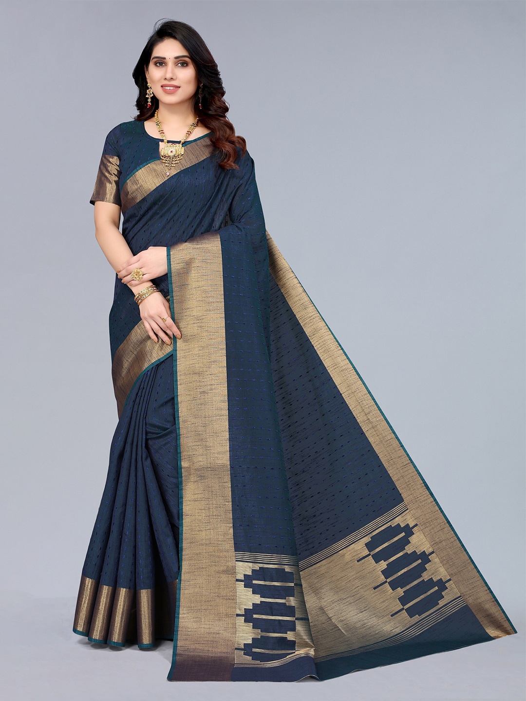 

Winza Designer Navy Blue & Gold-Toned Zari Silk Blend Banarasi Saree